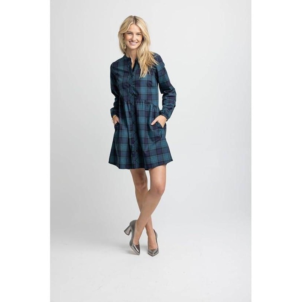 NWT Southern Tide Size XL Lendy Green Navy Plaid Long Sleeve Pockets Dress